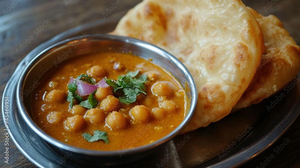 A bowl of chole (spiced chickpea curry) served with fluffy bhature (fried bread) on a metal plate A bowl of chole (spiced chickpea curry) served with fluffy bhature (fried bread) on a metal plate