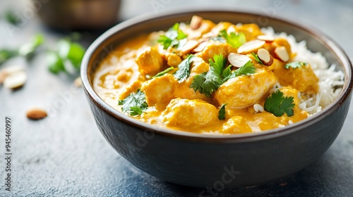 A bowl of creamy chicken korma with almonds and saffron, served with basmati rice