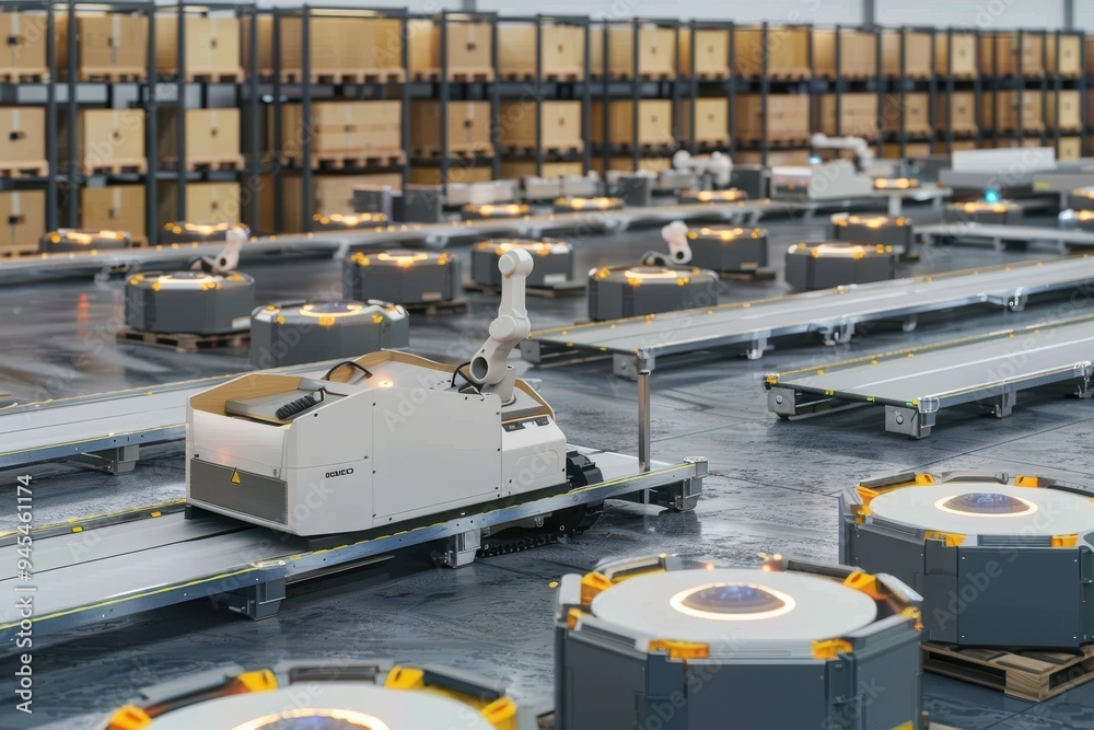 Distribution Warehouse With Automated Guided Vehicles And Robots ...