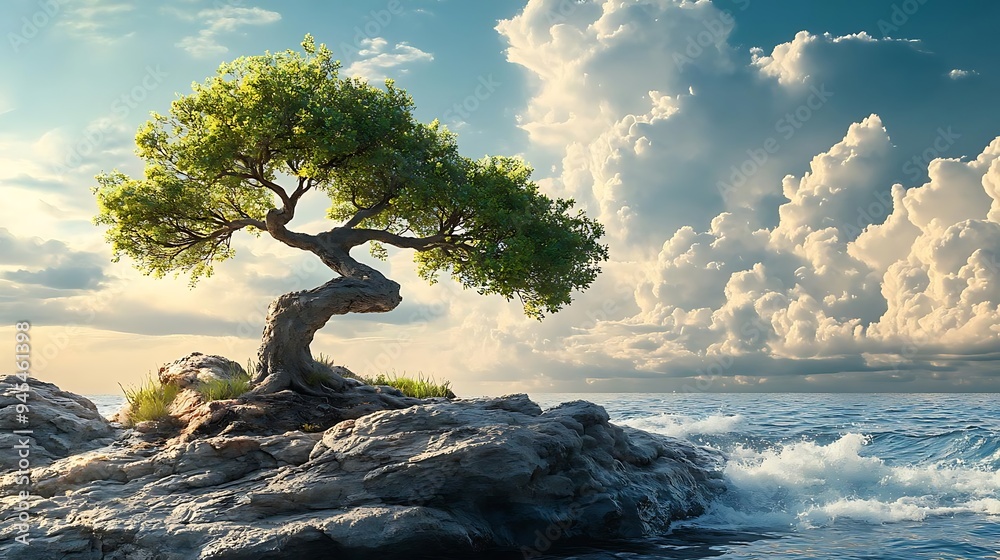 Solitary Tree on a Rocky Outcrop by the Ocean Illustration