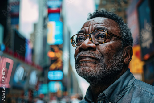 Portrait of a Reflective Man in Times Square at Dusk