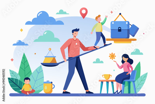 Work life balance, choose between family or hard work to be success, career opportunity or spend time with family, decision or responsibility concept, seesaw compare between family and man work hard. 