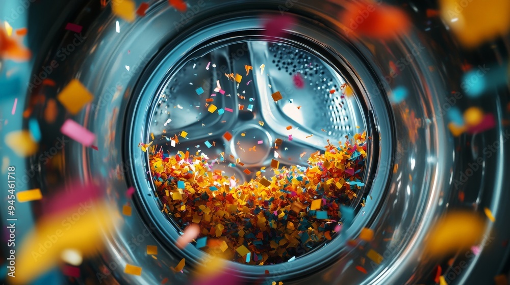 A washing machine's drum is filled with colorful confetti twirling around, creating a festive and vibrant scene inside typically mundane appliance. A washing machine's drum is filled with colorful confetti twirling around, creating a festive and vibrant scene inside typically mundane appliance.