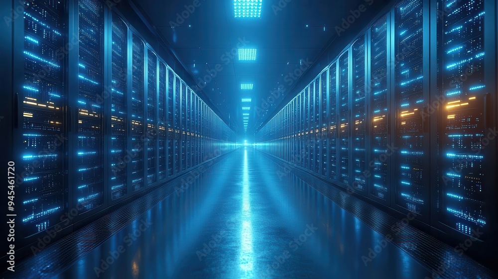 Fototapeta premium futuristic server room bathed in cool blue light rows of sleek servers and intricate network cables create visual rhythm hightech infrastructure evokes digital age complexity
