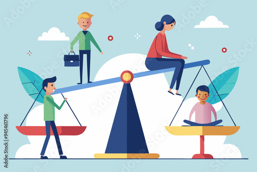 Work life balance, choose between family or hard work to be success, career opportunity or spend time with family, decision or responsibility concept, seesaw compare between family and man work hard. 