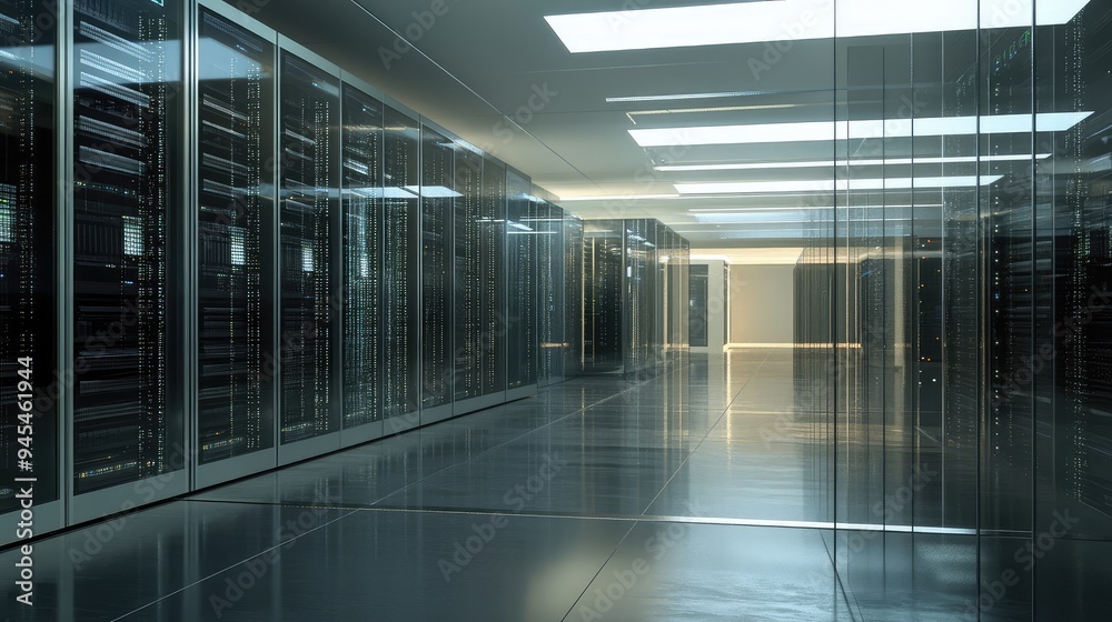 Contemporary glass data center, featuring minimalist design and physically based rendering for realistic textures. Contemporary glass data center, featuring minimalist design and physically based rendering for realistic textures.