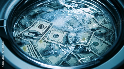 A washing machine filled with hundred-dollar bills soaked in water, dramatically symbolizing the concept of money laundering and its implications in the financial sector. photo