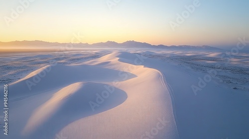 The striking White Sands National Park with its vast dunes, seen from above, with room for text.