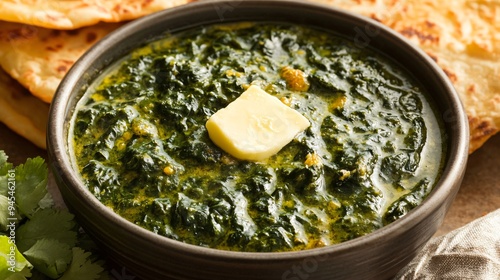 A bowl of saag (mustard greens curry) served with makki ki roti (cornbread) and a dollop of butter photo