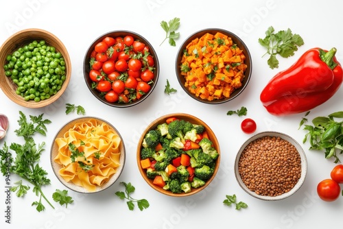 A vibrant assortment of fresh vegetables and pasta arranged in bowls for healthy meal preparation.