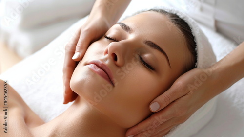 Skincare and beauty portrait. A woman with beautiful face lying on the cosmetic couch. Young adult smiling girl model having her skin treated