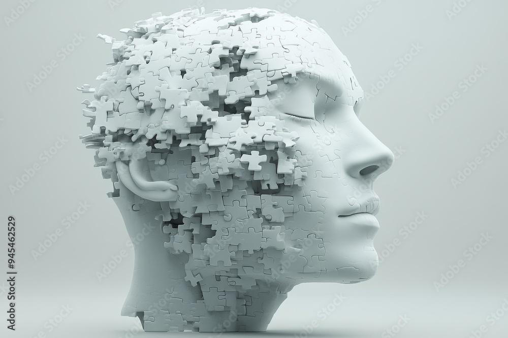 Abstract representation of a human head disintegrating into puzzle pieces symbolizing the fragmentation of identity memory loss or complexities of the human mind in a surreal grayscale composition