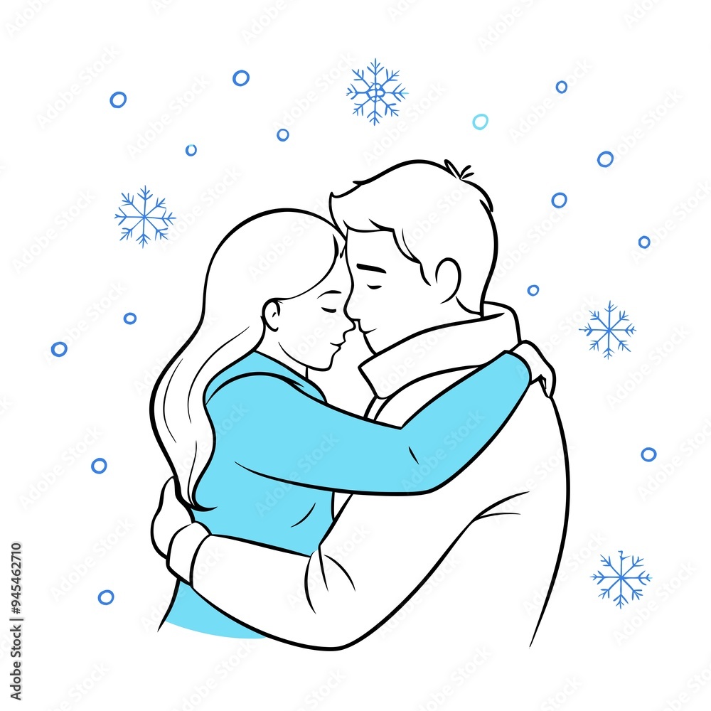 Romantic Embrace in Winter Snow, Black and White Illustration Romantic Embrace in Winter Snow, Black and White Illustration