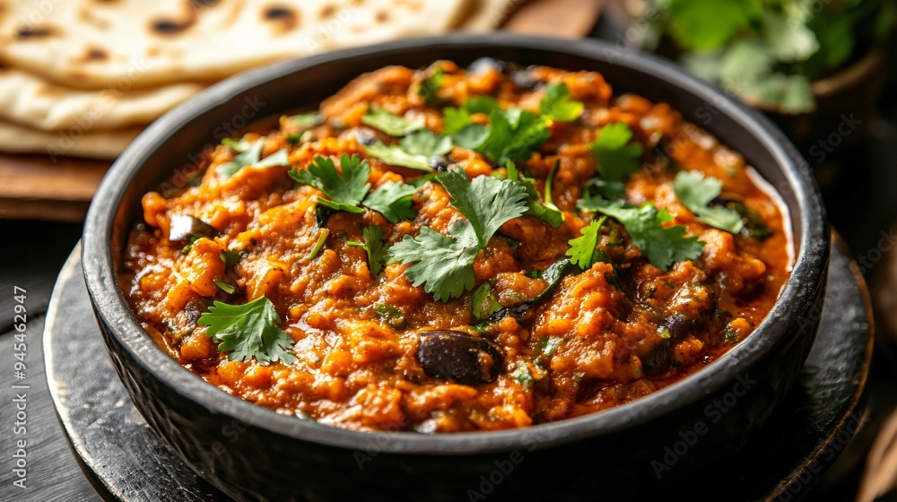 A dish of baingan bharta (smoked eggplant curry) garnished with coriander leaves and served with roti A dish of baingan bharta (smoked eggplant curry) garnished with coriander leaves and served with roti