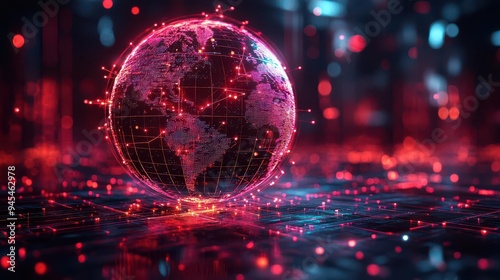 futuristic visualization of global network glowing neon lines connecting across translucent planetary sphere representing interconnected digital world