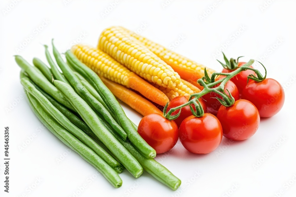 Fresh vegetables including green beans, corn, carrots, and tomatoes arranged on a white background. Fresh vegetables including green beans, corn, carrots, and tomatoes arranged on a white background.