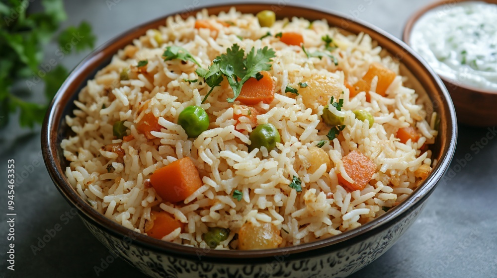A dish of fragrant pulao with mixed vegetables and spices, served with raita on the side A dish of fragrant pulao with mixed vegetables and spices, served with raita on the side