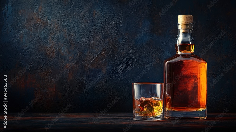 A bottle of whiskey with a glass, set against a dark textured background. A bottle of whiskey with a glass, set against a dark textured background.