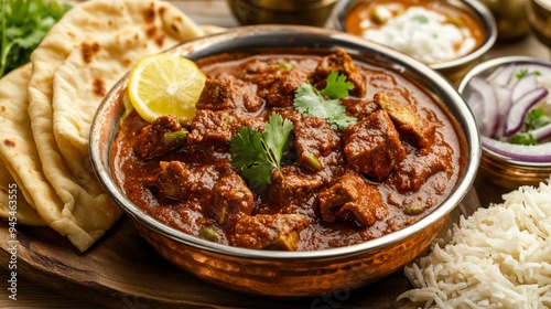 A dish of lamb vindaloo with spicy gravy, served with steamed rice and naan