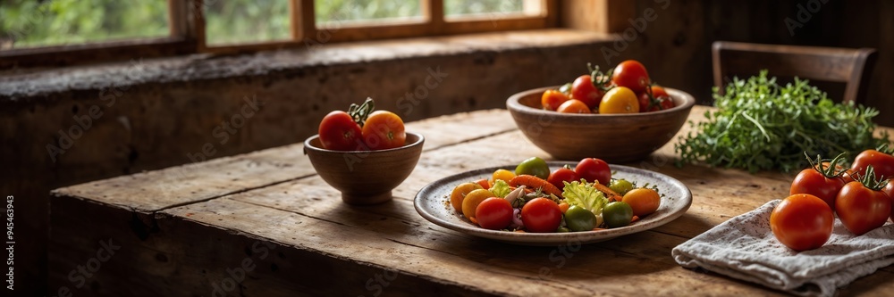 Rustic autumn vegetables on wooden table, fresh tomatoes and greens for seasonal recipes, farm-to-table organic produce, website header with copy space. Generative AI Rustic autumn vegetables on wooden table, fresh tomatoes and greens for seasonal recipes, farm-to-table organic produce, website header with copy space. Generative AI