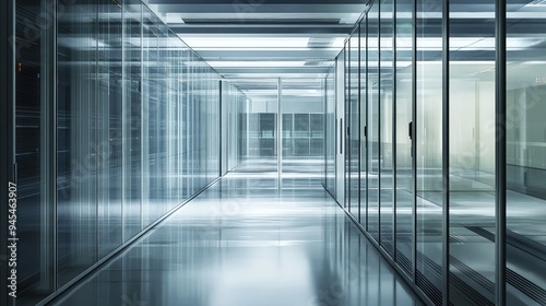 Wallpaper Mural Data center interior with glass-enclosed servers, industrial minimalism, realistic photography, detailed and sharp. Torontodigital.ca