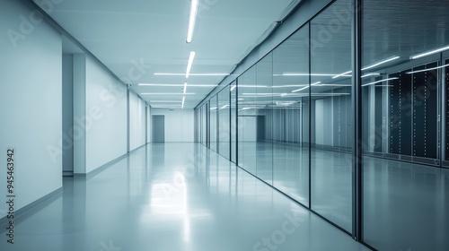 Data center server room with contemporary glass panels, industrial minimalism, realistic lighting,