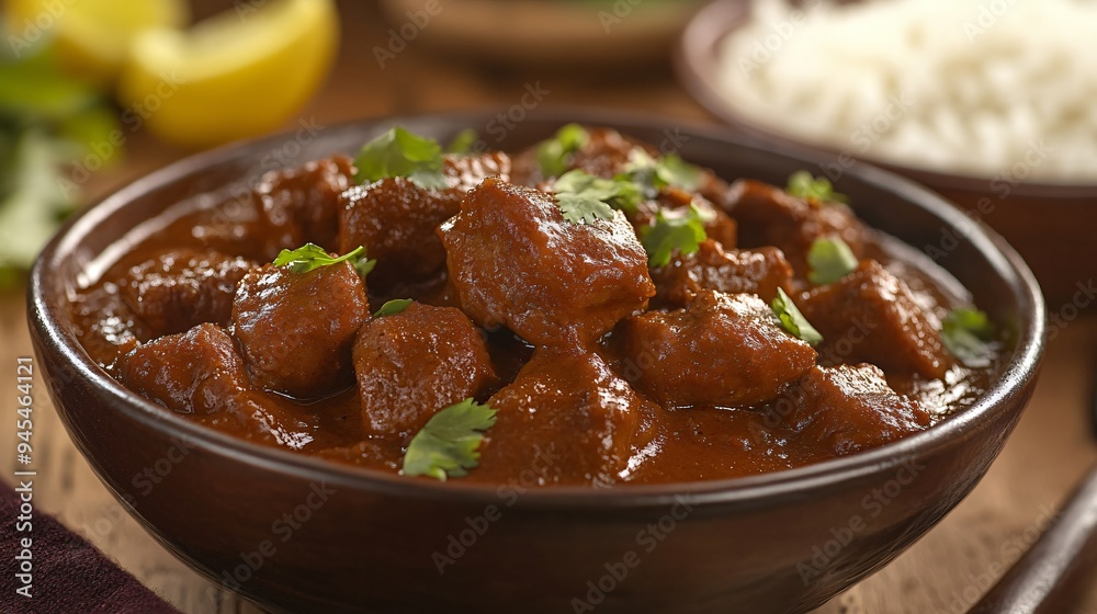 A dish of spicy vindaloo curry with chunks of tender pork, served with steamed rice A dish of spicy vindaloo curry with chunks of tender pork, served with steamed rice