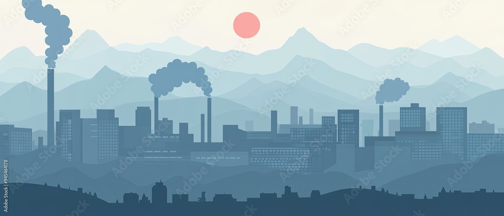 Naklejka premium Air pollution illustrated in minimal flat design, showing smog over a solid grey background