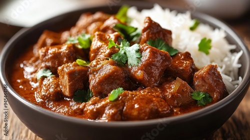 A dish of spicy vindaloo curry with chunks of tender pork, served with steamed rice