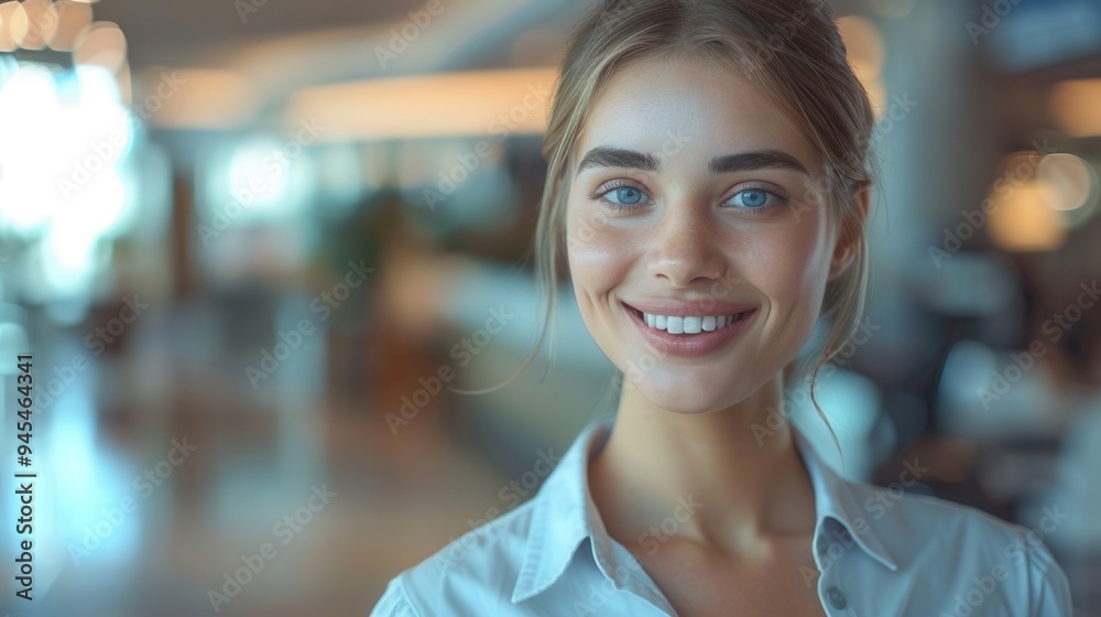 Smiling young woman with light blue shirt standing in a modern office environment, showcasing a positive and professional demeanor. Smiling young woman with light blue shirt standing in a modern office environment, showcasing a positive and professional demeanor.