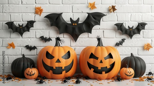 Jack-o'-lantern Pumpkins and Bats Against a White Brick Wall photo