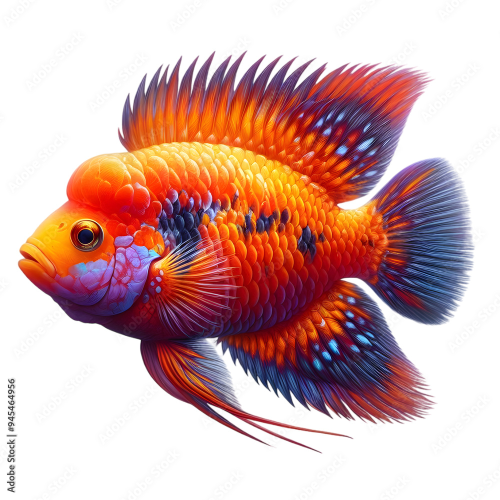 Fototapeta premium A Jewel cichlid fish Orange and Violate swimming on white background 4