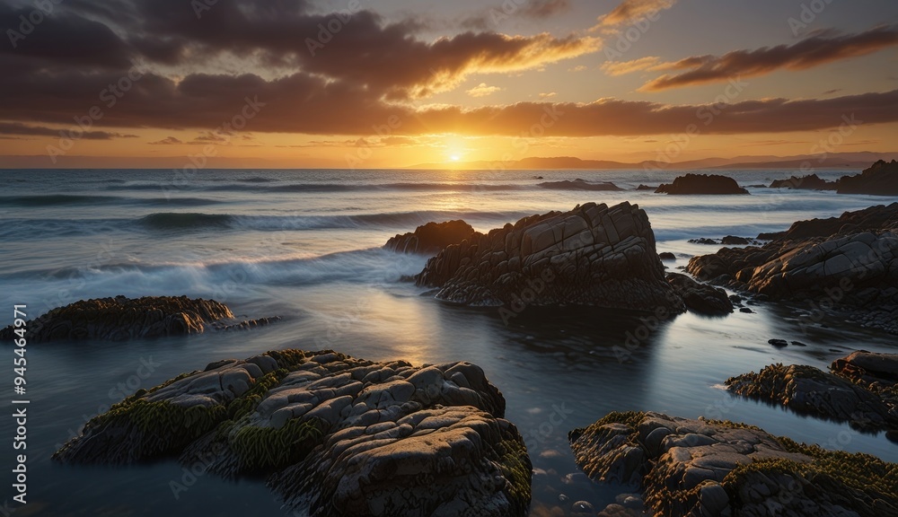 Obraz premium Serene Sunset Over Rocky Shoreline