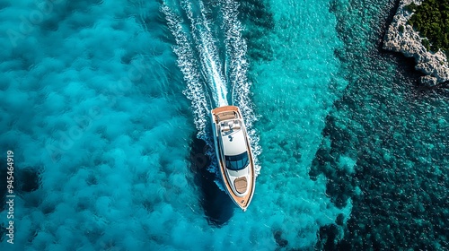 From above, a luxury yacht cuts through the turquoise water, leaving a gentle wake behind. photo