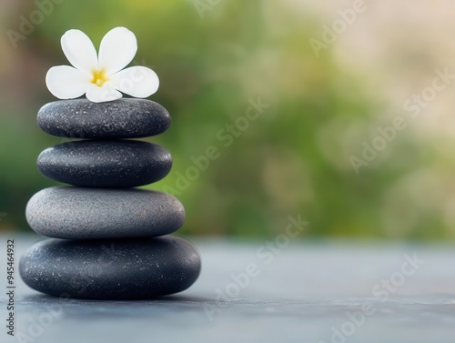 A stack of smooth black stones adorned with a delicate white flower, symbolizing calmness and tranquility in a serene setting.