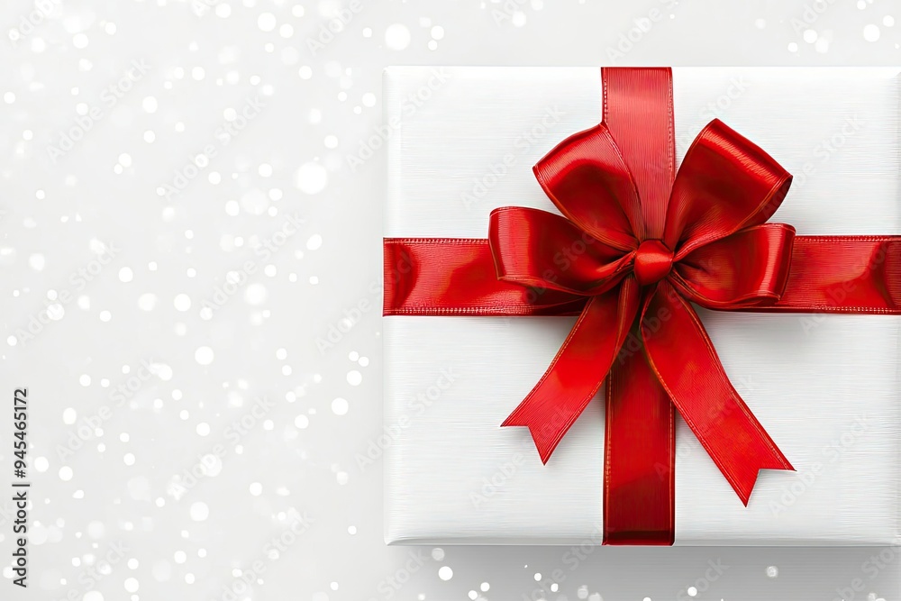 Christmas background with a classic red bow and ribbon on a white gift box Christmas background with a classic red bow and ribbon on a white gift box