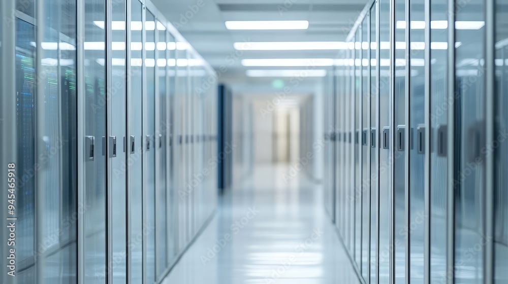 High-resolution image of a data center with glass server racks, sharp focus, and a clean, industrial design. High-resolution image of a data center with glass server racks, sharp focus, and a clean, industrial design.