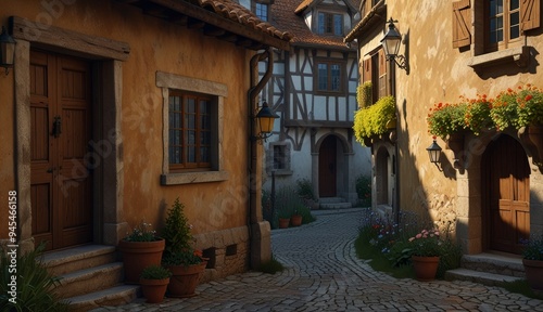 Charming Medieval Village Street Scene