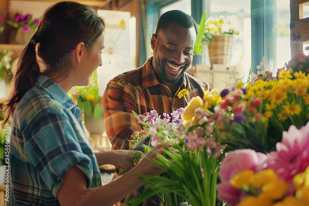 Florist interacting with a client in a cozy floral boutique. Generative AI