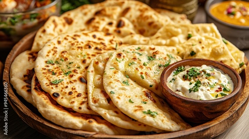 A platter of assorted Indian bread (naan, kulcha, paratha) with a side of butter