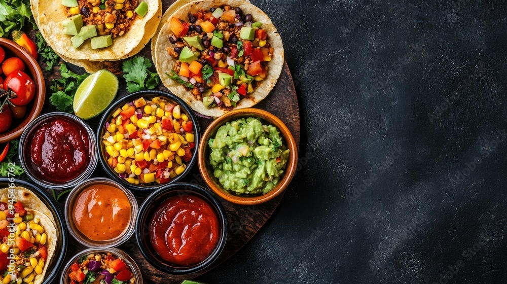 Top view of a Southwestern taco platter with colorful toppings and dipping sauces, with plenty of copy space. Top view of a Southwestern taco platter with colorful toppings and dipping sauces, with plenty of copy space.