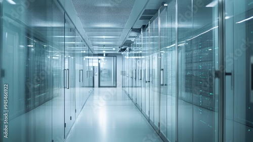 High-tech data center with minimalistic glass server rooms, detailed industrial design, sharp focus ,light background.