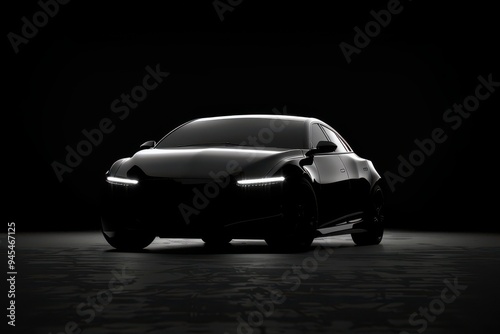 car in a studio black generic sports sedan, silhouette on black background, photorealistic render 3D, car of my own design, legal useage. photo