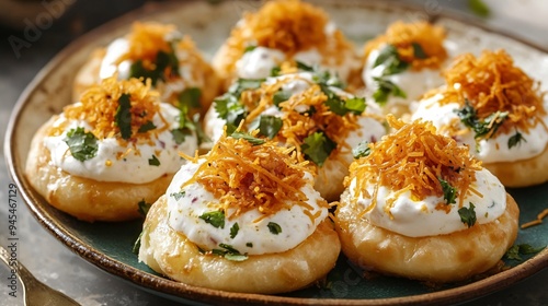 A platter of dahi puri filled with yogurt, tamarind chutney, and sev, served on a ceramic plate