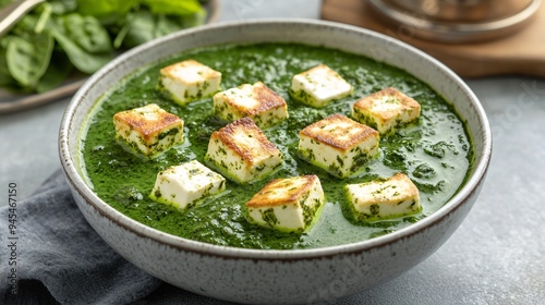 A rich bowl of palak paneer with cubes of paneer in a creamy spinach sauce, garnished with cream