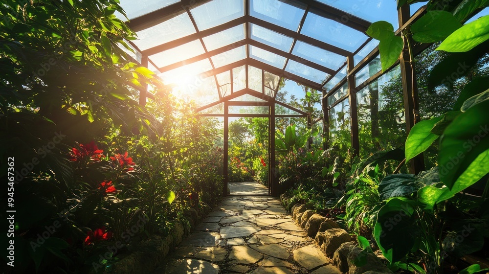 Sun shining through the glass roof of a greenhouse onto a stone path lined with lush greenery. Sun shining through the glass roof of a greenhouse onto a stone path lined with lush greenery.