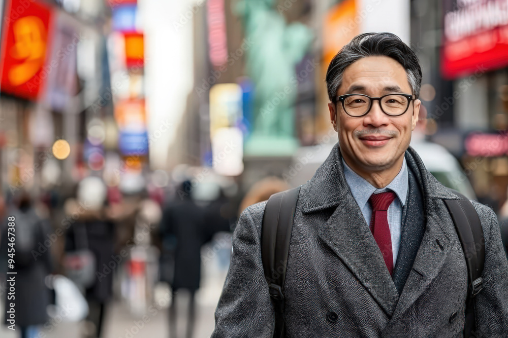 Smiling Businessman in Busy Urban Morning Smiling Businessman in Busy Urban Morning
