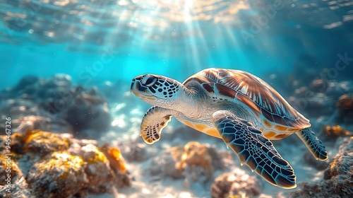 graceful sea turtle gliding through crystalclear turquoise waters sunlight filtering through surface creating dappled patterns on its shell photo