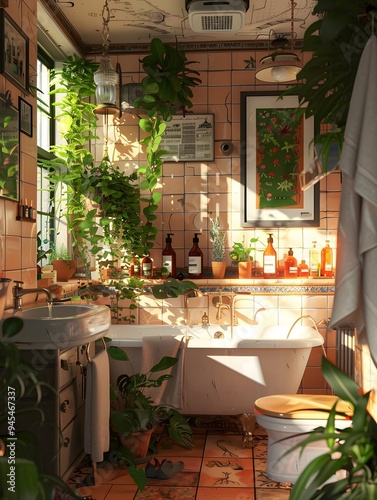 Illustration of A stylish bathroom in cluttercore style, with trendy tiles, a plethora of vintage bottles, plants, and artistic clutter creating a cozy, lived-in feel. Ai Generate.

