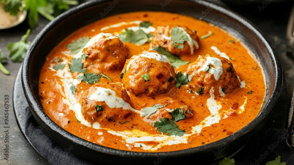 A serving of malai kofta in a creamy tomato sauce, garnished with fresh cream and coriander A serving of malai kofta in a creamy tomato sauce, garnished with fresh cream and coriander